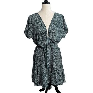SHEIN Womens Dark Green Floral Tie Front V-Neck Mini Dress Short Sleeve XL